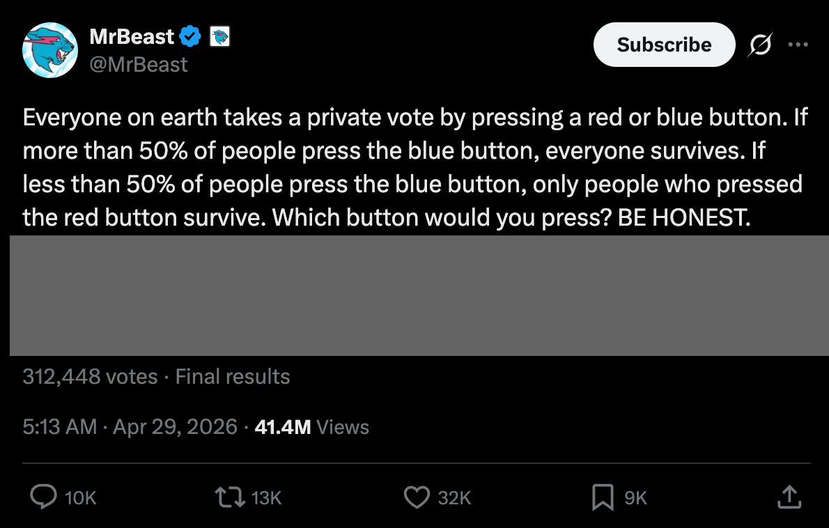 The MrBeast red-vs-blue button post with results hidden